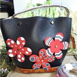 MCM Red Black Goatskin Mini Project Flower Milano Drawstring NWT